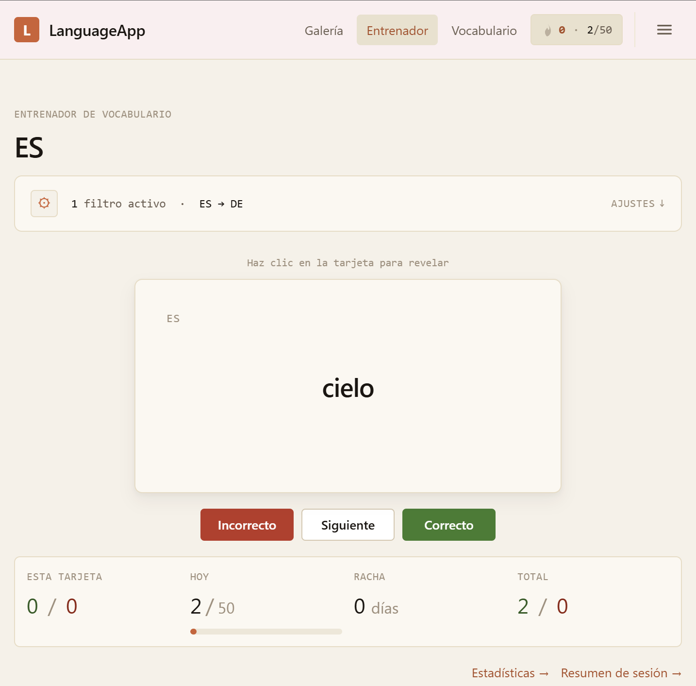 checklyn vocab trainer showing the German card 'die Blume' with right/wrong/skip buttons
