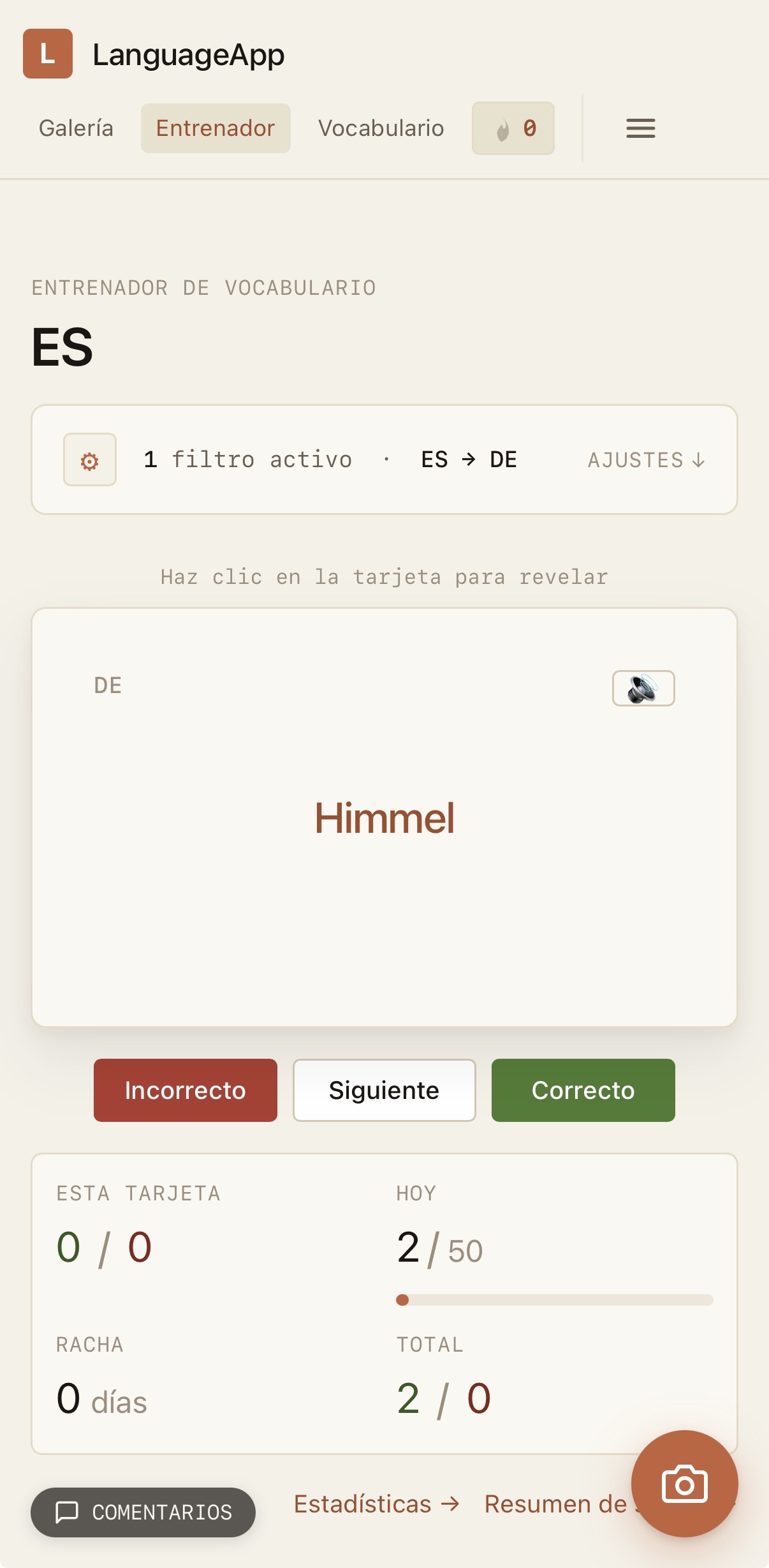 checklyn mobile vocab trainer showing the German card 'der Hund'